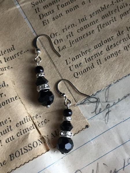 longues  boucles d’oreilles de cristal noir idéal et rhinestone brillant Comme un ange