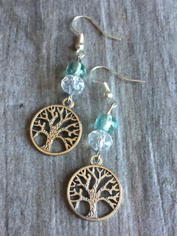 Boucles d’oreilles arbre de vie argent et billes verre aqua turquoise Bijoux Arbre de Vie - Symboles de Protection et d'Harmonie Comme un ange