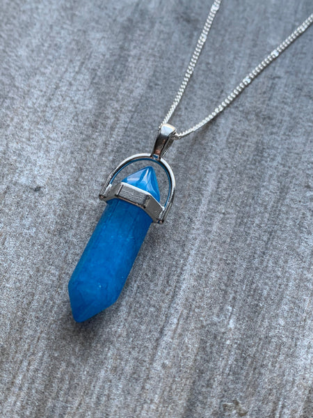 Collier alliage de métaux argent et pierre bleue pendule pendulum mystique Comme un ange