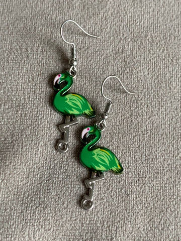 Boucles d’oreilles breloque flamant rose vert alliage de métaux argent Comme un ange