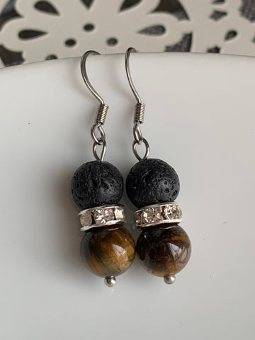 Boucles d’oreilles pierre de lave bijoux diffuseur aromathérapie et billes d’œil de tigre Comme un ange