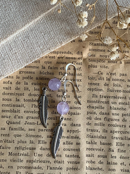 Boucles d’oreilles améthyste pierres avec feuille argent Comme un ange