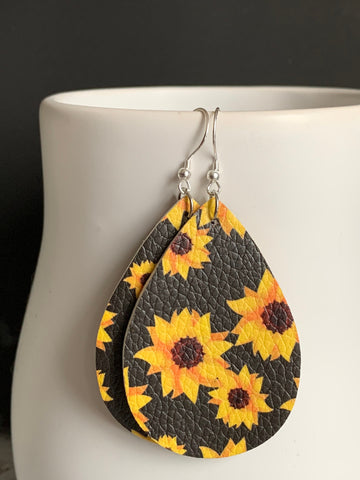 Boucles d’oreilles cuir tournesol fleur  noir jaune Comme un ange