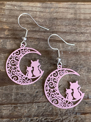 Boucles d’oreilles breloque chat sur la lune rose et alliage de métaux argent Comme un ange