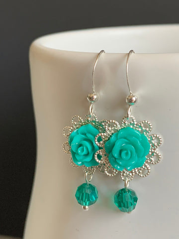 Boucles d’oreilles breloque fleur turquoise chic alliage de métaux argent Comme un ange