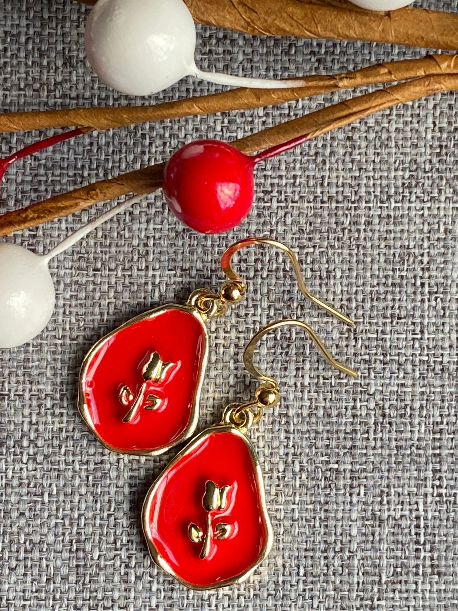 Bijoux Boucles oreilles rouge fleur rose ton or Comme un ange