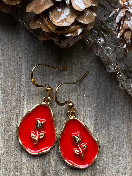 Bijoux Boucles oreilles rouge fleur rose ton or Comme un ange