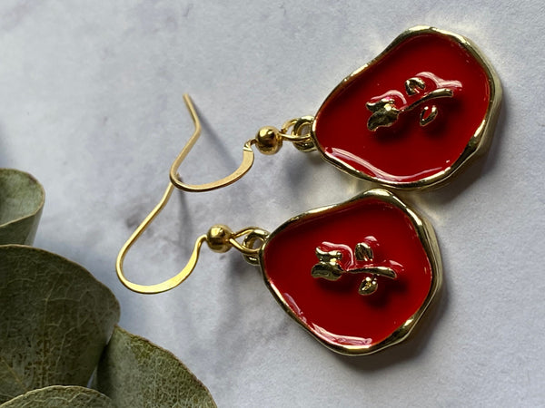 Bijoux Boucles oreilles rouge fleur rose ton or Comme un ange