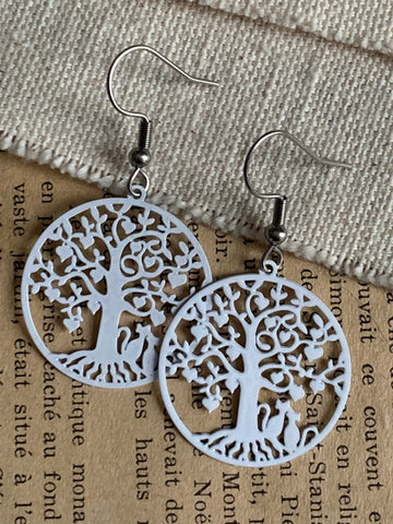 Boucles d’oreilles breloque arbre de vie blanc sur crochet alliage de métaux argent Comme un ange