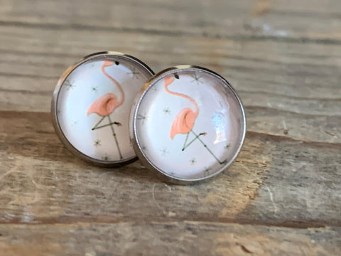 Boucles d’oreilles cabochon de verre alliage de métaux argent flamant rose Comme un ange