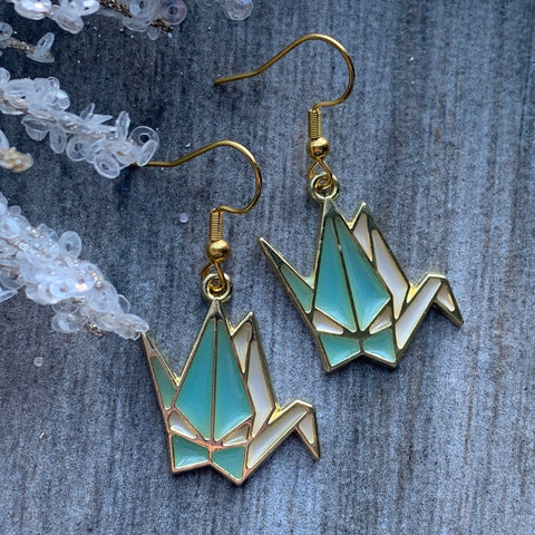 Boucles d’oreilles breloque cygne en origami turquoise et or Comme un ange