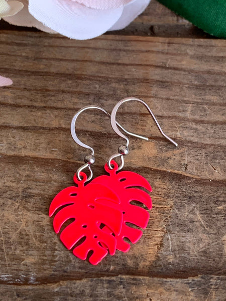 Boucles d’oreilles breloque feuille de palmier rose fluo sur crochet alliage de métaux argent Comme un ange