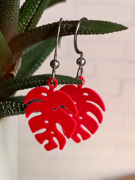 Boucles d’oreilles breloque feuille de palmier rose fluo sur crochet alliage de métaux argent Comme un ange