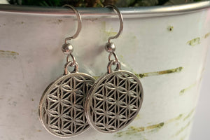 Boucles d’oreilles breloque fleur de vie mandala sur crochets en alliage de métaux argent Comme un ange