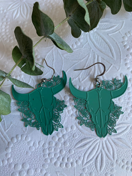 Boucles d’oreilles breloque tête de taureau turquoise fleuri buffle sur crochet alliage de métaux argent Comme un ange