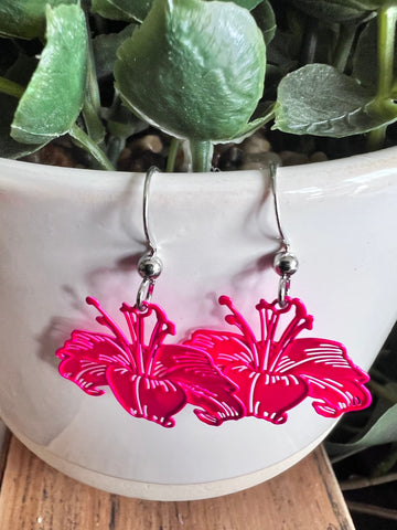 Boucles d’oreilles breloque fleur hibiscus rose fluo néon tropical hawaïenne Comme un ange