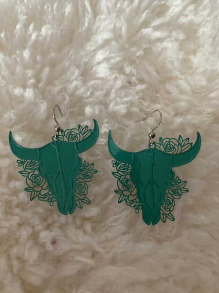 Boucles d’oreilles breloque tête de taureau turquoise fleuri buffle sur crochet alliage de métaux argent Comme un ange