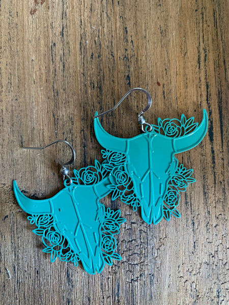 Boucles d’oreilles breloque tête de taureau turquoise fleuri buffle sur crochet alliage de métaux argent Comme un ange