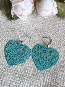 Boucles d’oreilles Coeur de dentelle turquoises Comme un ange